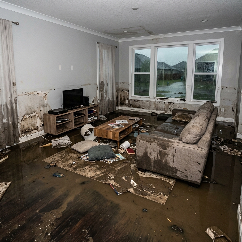 Damage: Burst Pipe Saturated Living Room & Hardwood